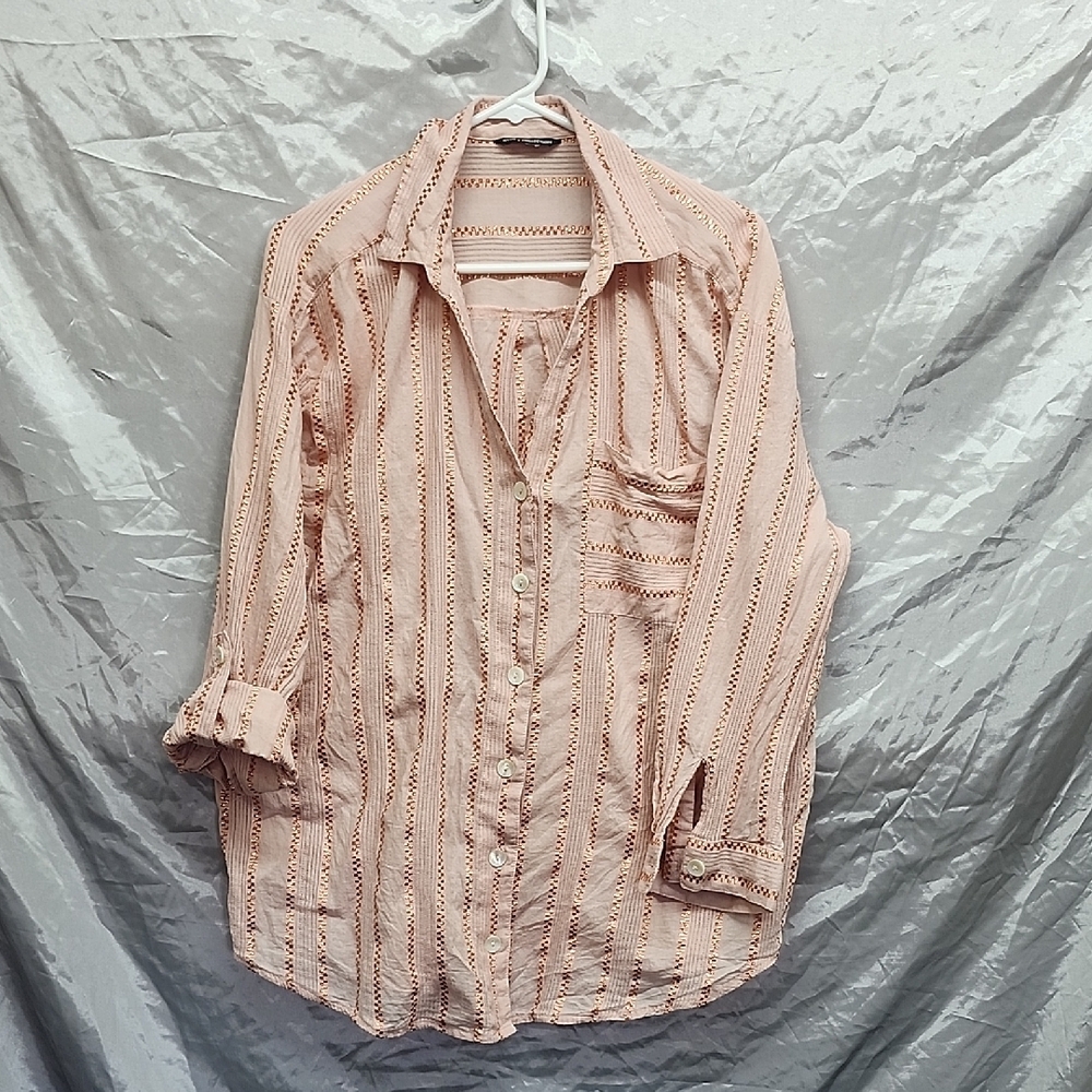 Club Z Collection Metallic Check Stripe Blouse Tab Sleeve Womens XL